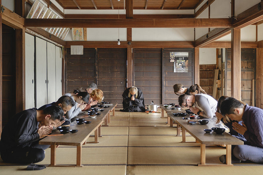Zen Buddhist breakfast in a historic Japanese temple, reflecting temple life and cultural heritage