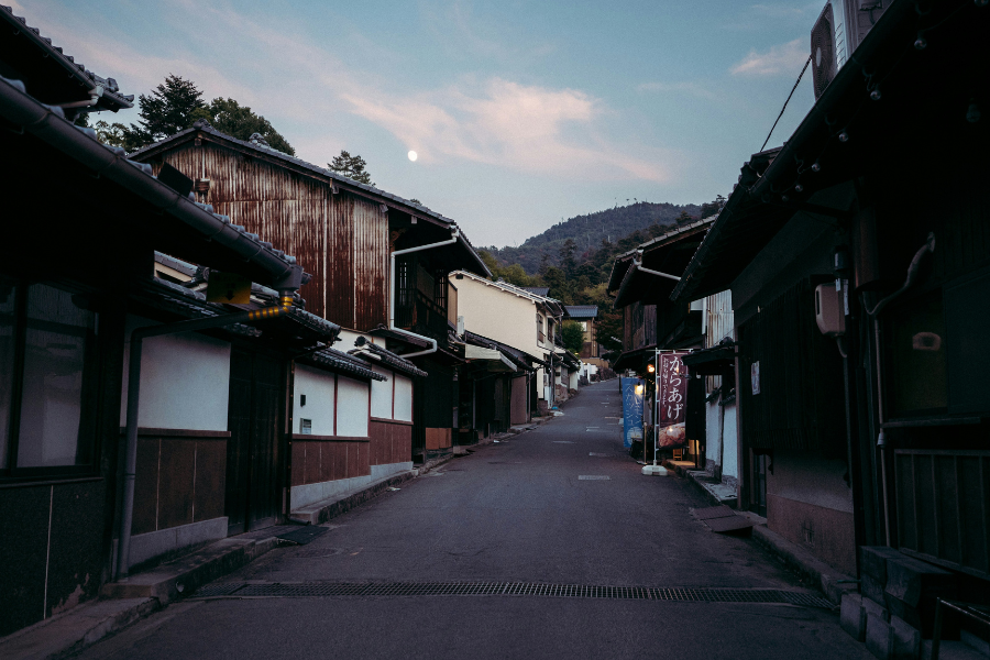 A quiet rural street in Japan lined with traditional wooden houses under the evening sky.